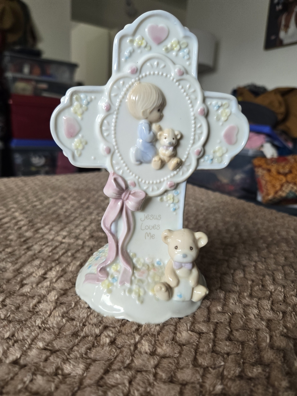 Vintage 1993 Precious Moments Jesus Loves Me Cross Boy Teddy Bear Enesco